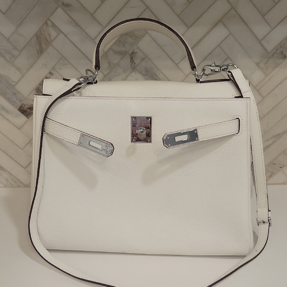 White Leather Satchel with Silver Hardware - Picture 3 of 12